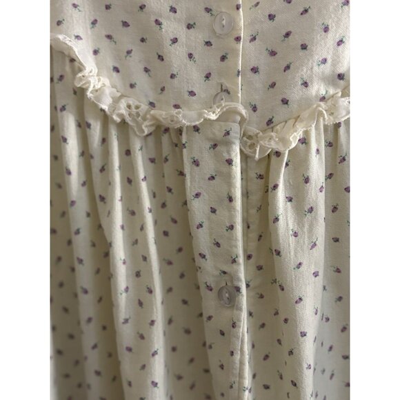Vintage 80s Purple Roses Flannel Long Sleeve Cottagecore Prairie Nightgown Large - Picture 7 of 15